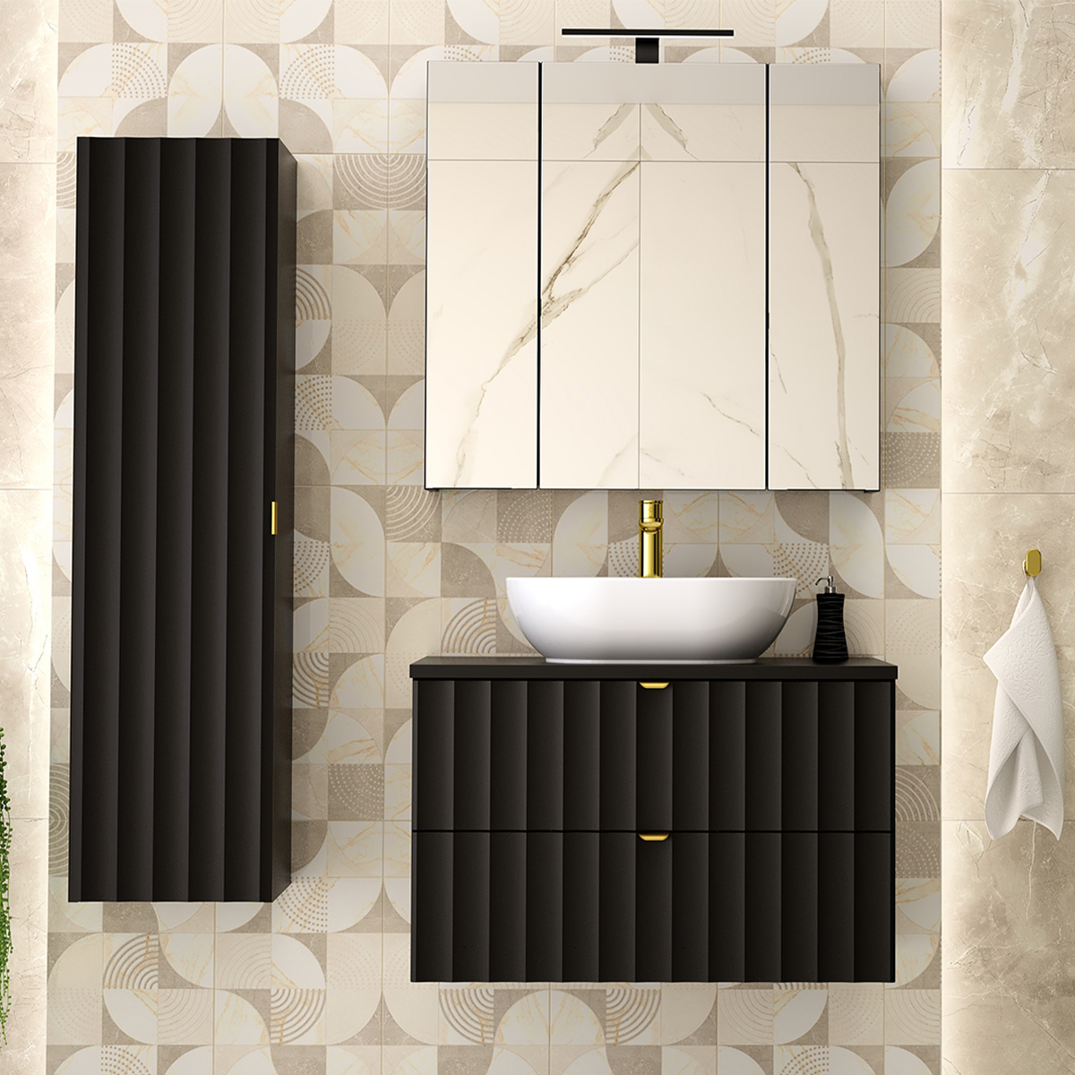 Ensemble meuble simple vasque 80cm et colonne Lexa Noir