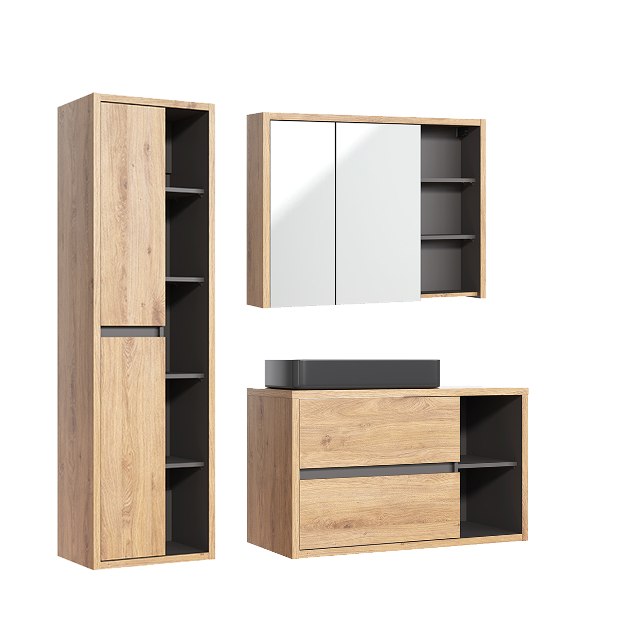 Ensemble meuble simple vasque 100cm colonne et armoire murale Rigel Bois et Anthracite