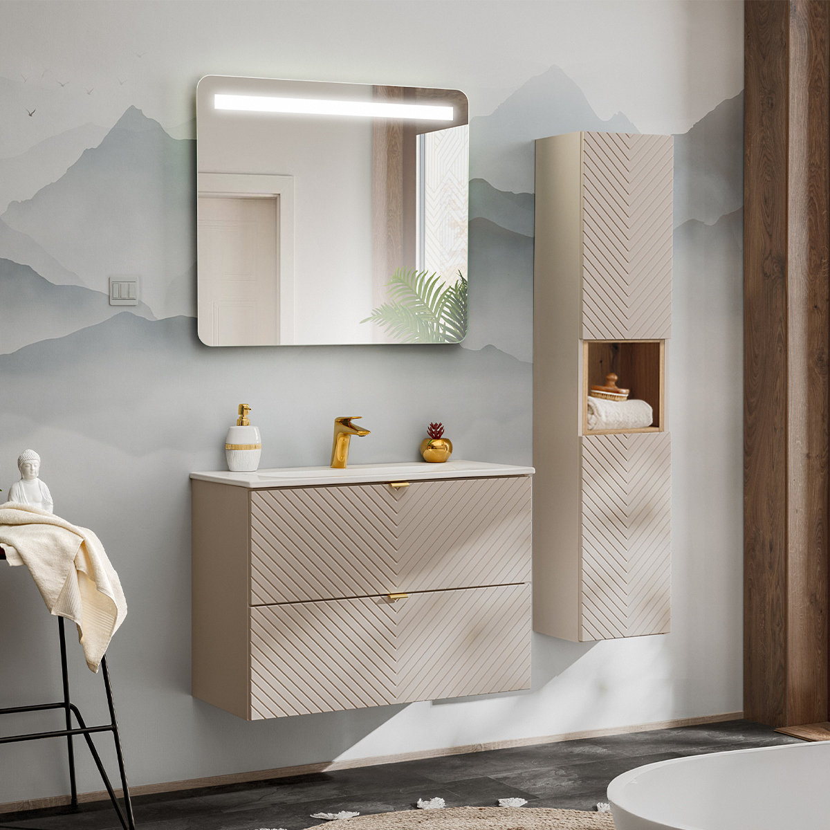 Ensemble meuble simple vasque encastrée 80cm 2 tiroirs miroir LED et colonne Manoa Cachemire et Bois
