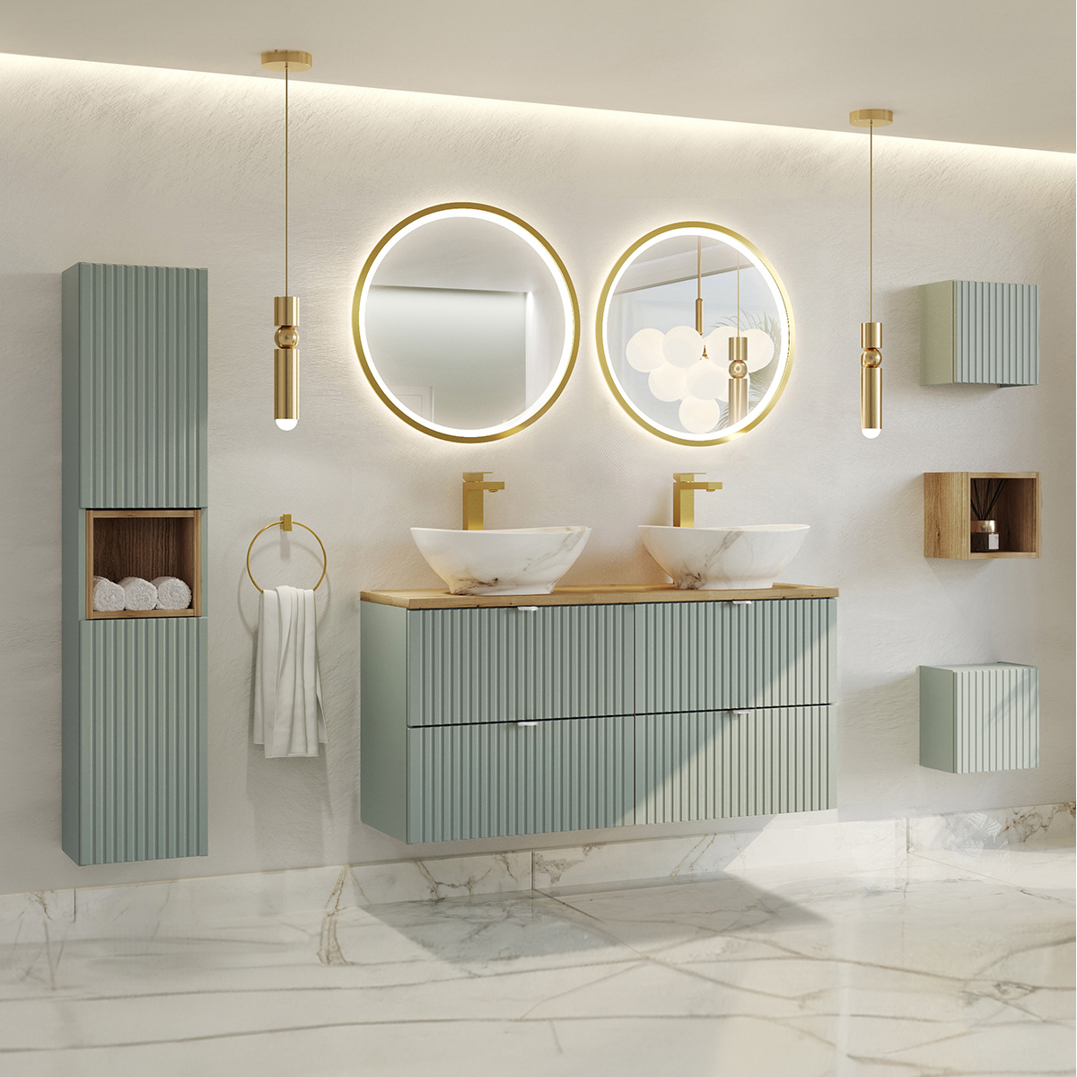Ensemble meuble double vasque 120cm 4 tiroirs miroirs LED colonne et 3 armoires murales Jade Vert et Bois