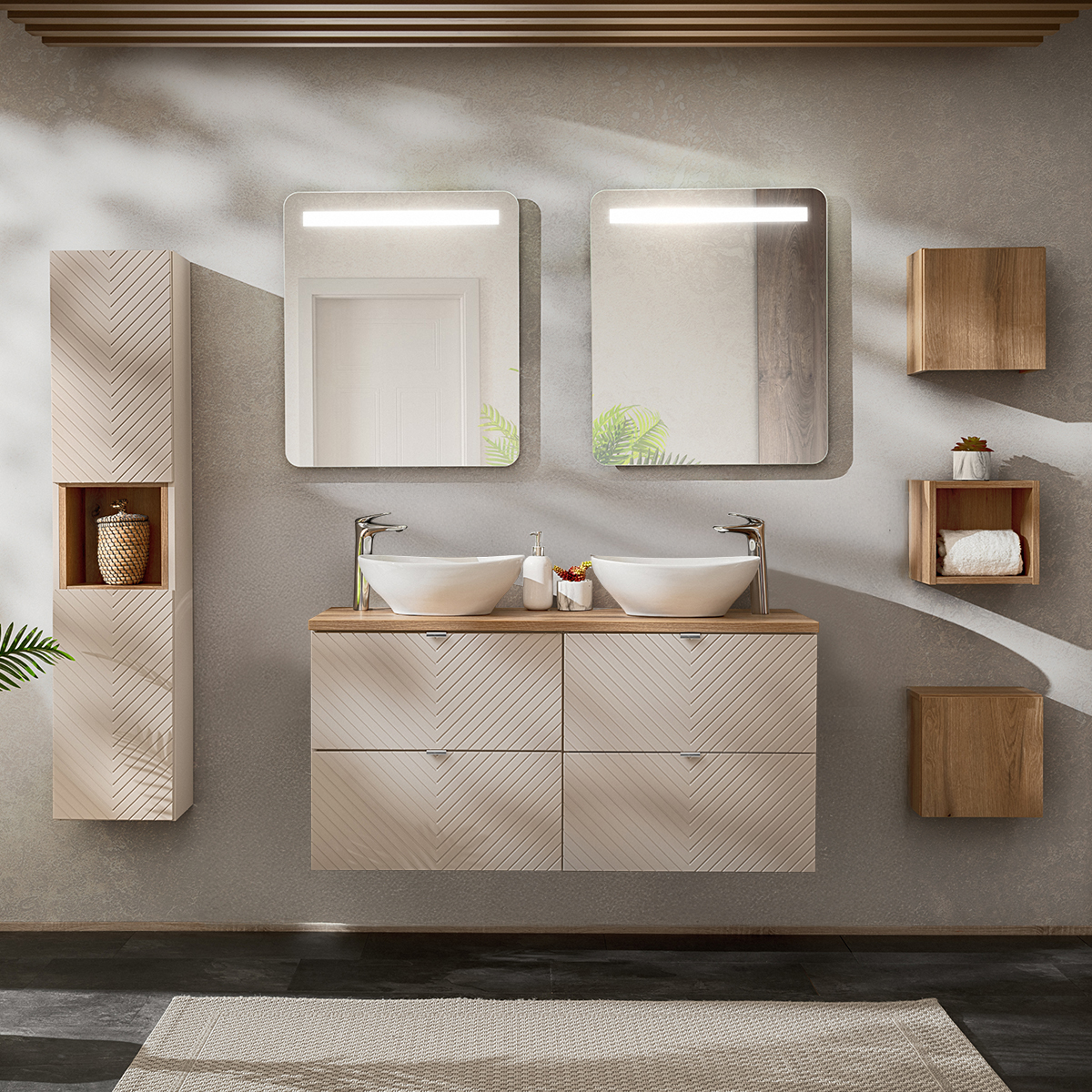 Ensemble meuble double vasque 120cm 4 tiroirs miroirs LED colonne et 3 armoires murales Manoa Cachemire et Bois