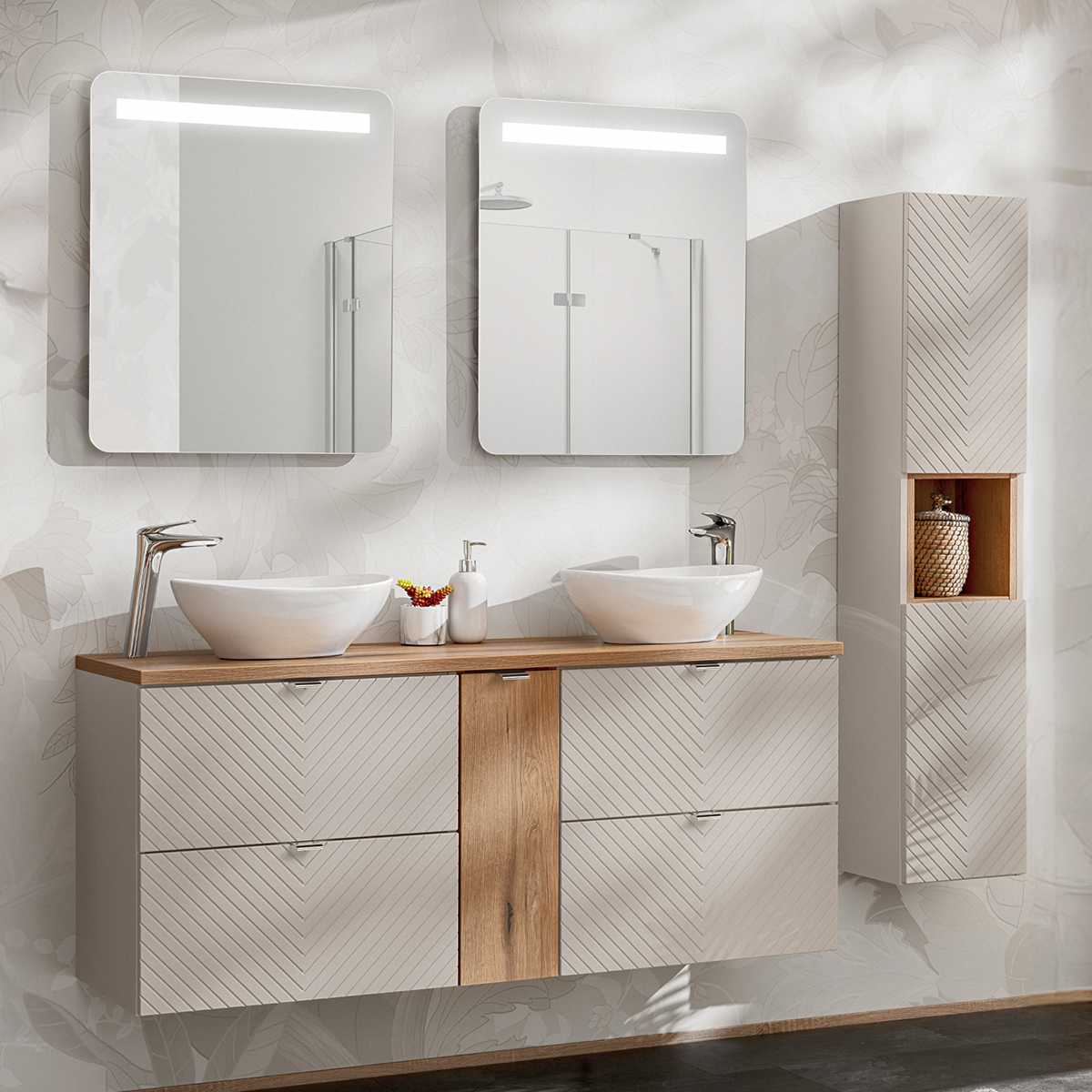Ensemble meuble double vasque 140cm 4 tiroirs 1 porte miroirs LED et colonne Manoa Cachemire et bois