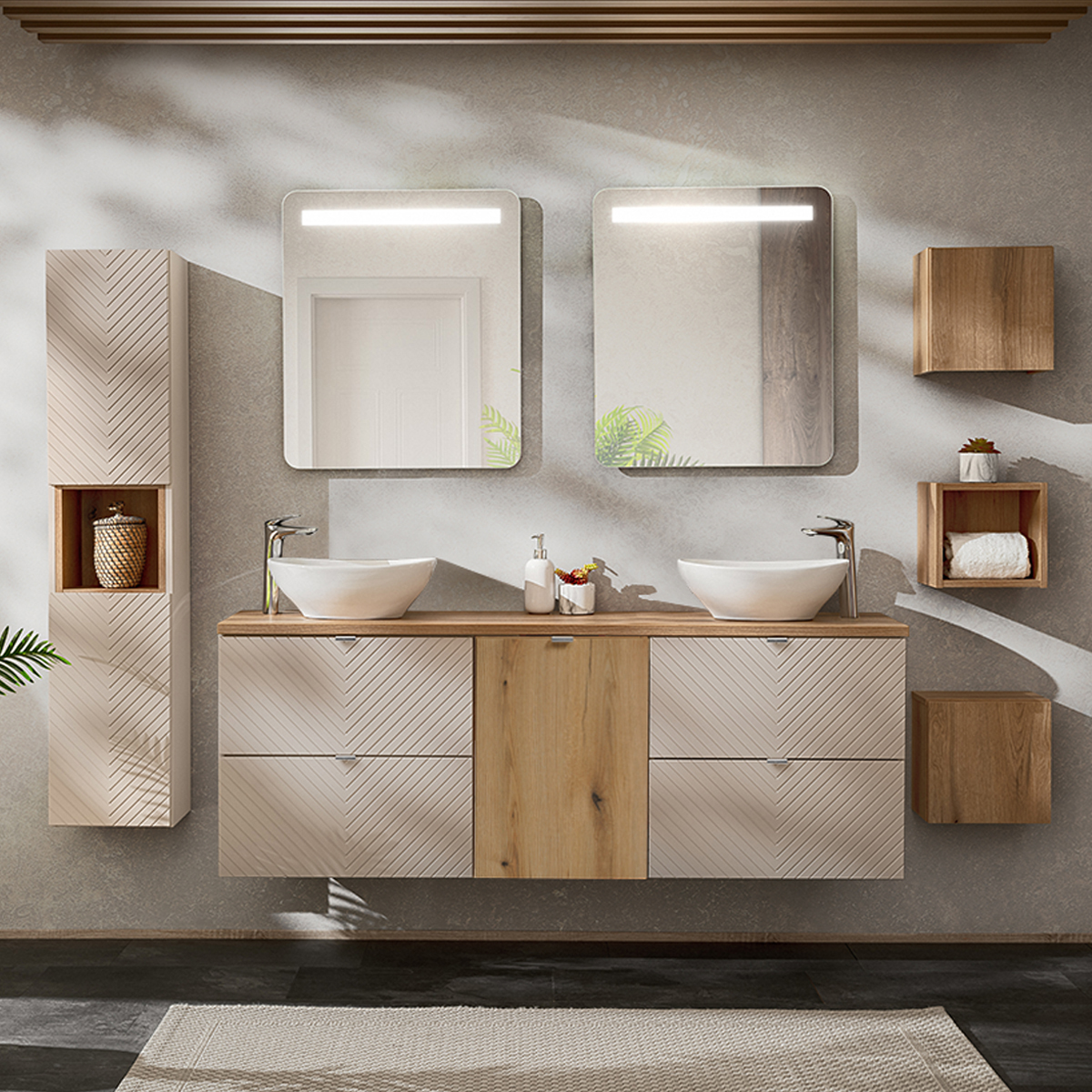 Ensemble meuble double vasque 160cm 4 tiroirs miroirs LED colonne et 3 armoires murales Manoa Cachemire et Bois