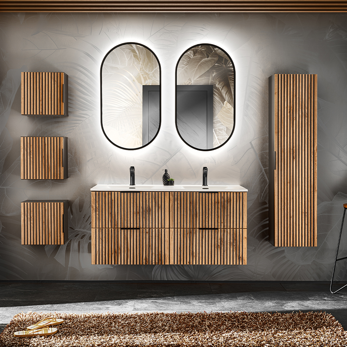 Ensemble meuble double vasque encastrée 120cm miroirs LED colonne et 3 armoires murales Gaia Bois et Noir