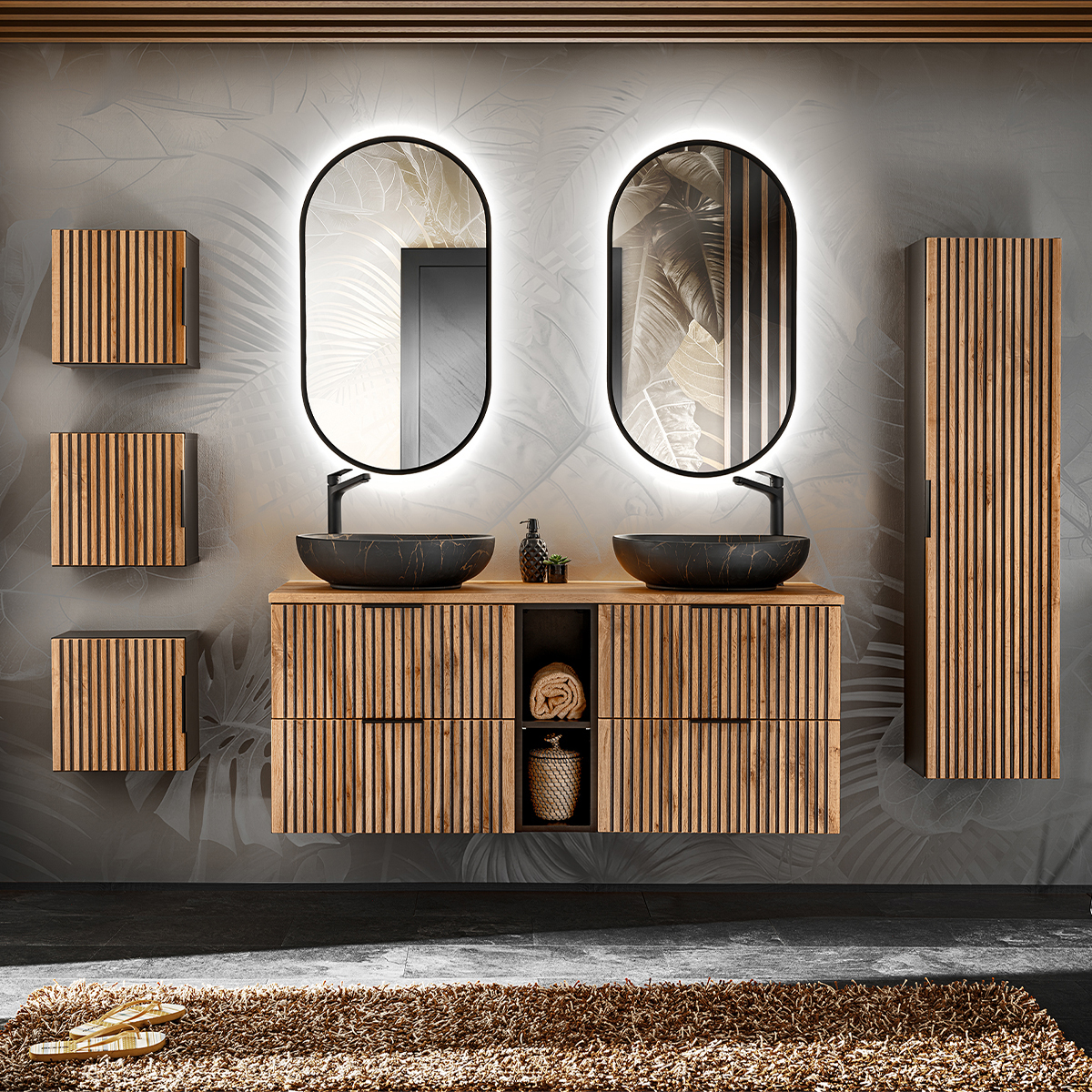 Ensemble meuble double vasque 140cm 2 niches miroirs LED colonne et 3 armoires murales Gaia Bois et Noir - Vasque Noir