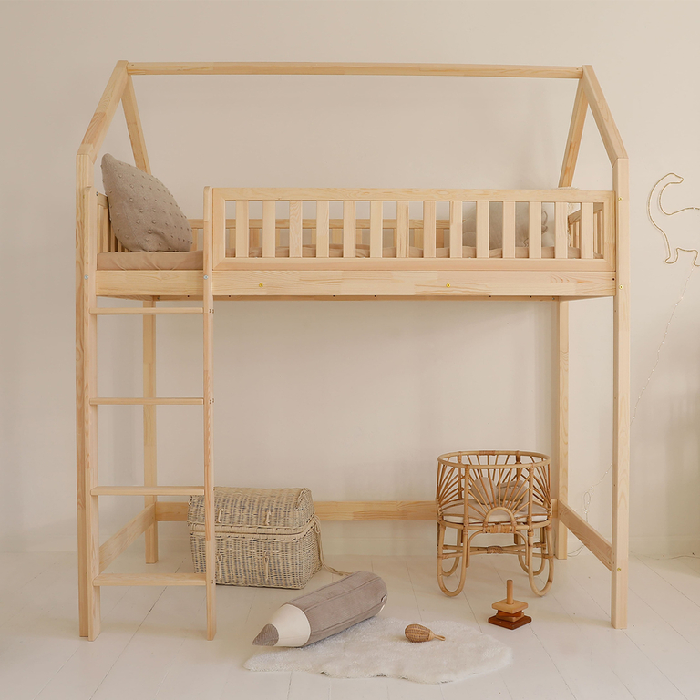 Lit cabane mi-hauteur 90x190 sommier inclus Daisy Bois