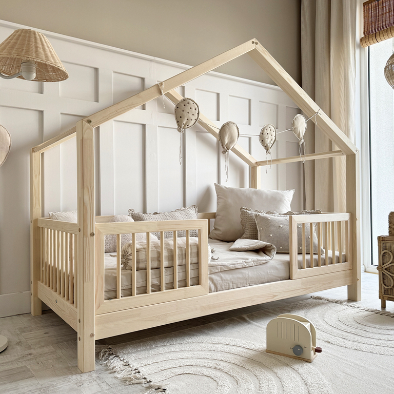 Lit cabane 90x190 barrières et sommier inclus pieds 10 cm Rosalie Bois