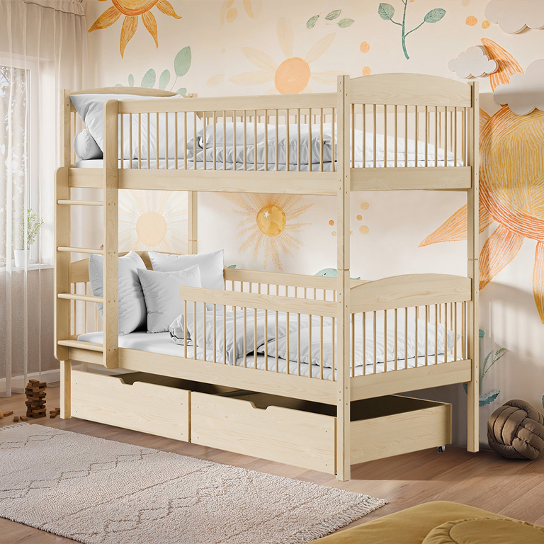 Lit superposé 90x200 sommiers et tiroirs inclus Ioana Bois