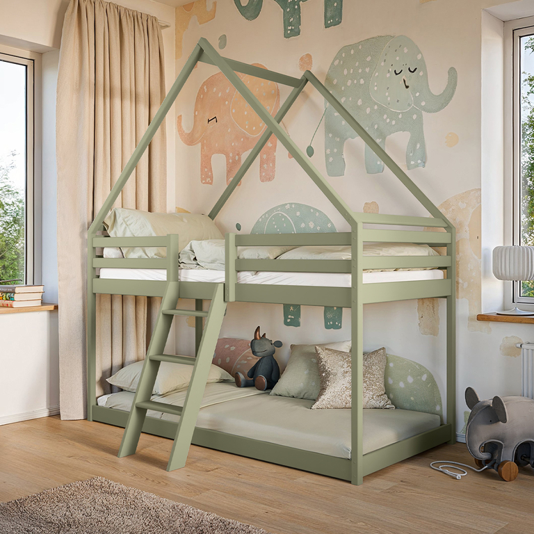 Lit cabane superposé 90x200 sommier inclus Laura Olive