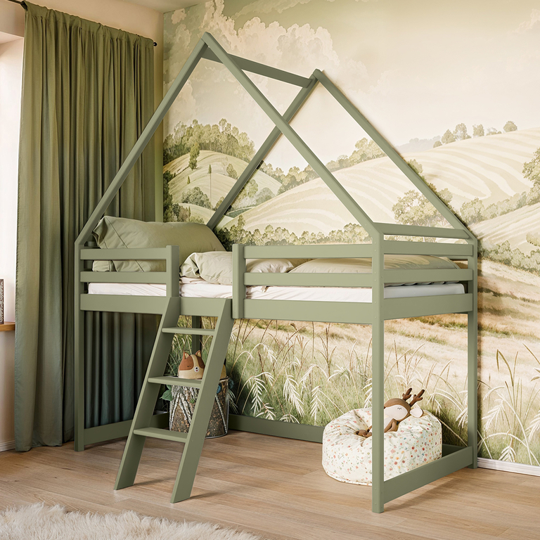 Lit cabane mi-hauteur 90x200 sommier inclus Coraline Olive