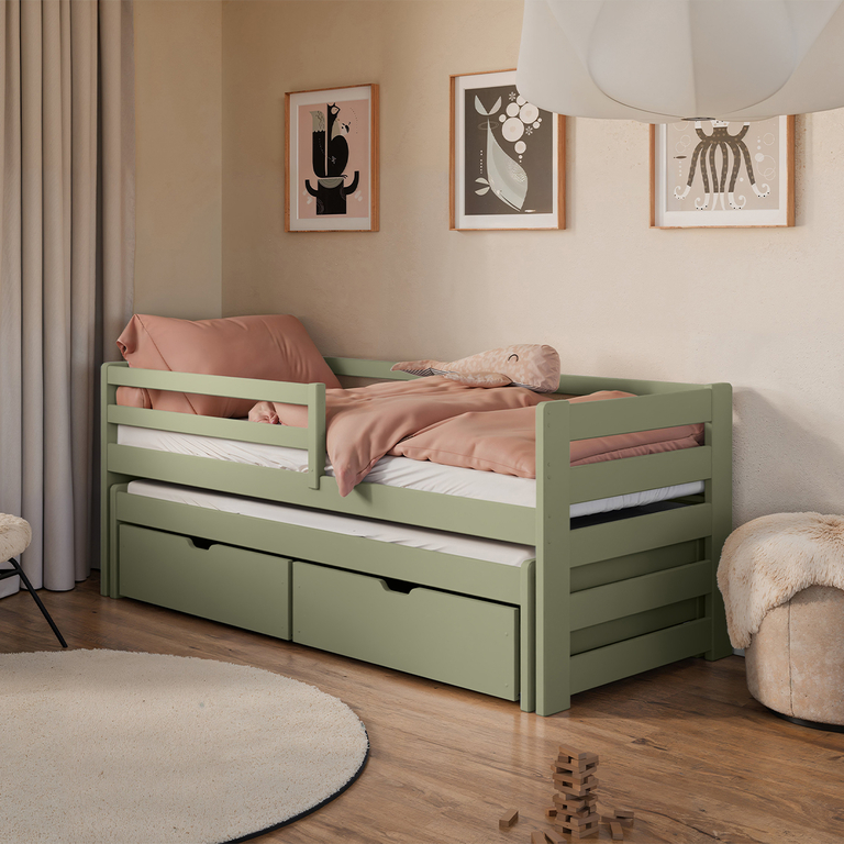 Lit 90x200 sommier lit gigogne et tiroirs inclus Jordan Olive