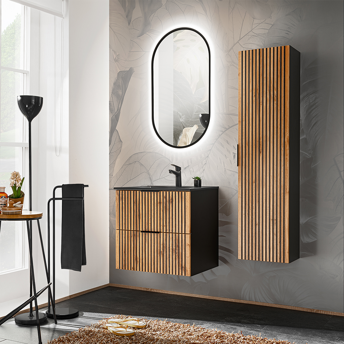 Ensemble meuble simple vasque encastrée 60cm miroir LED et colonne Gaia Bois et Noir - Vasque Noir