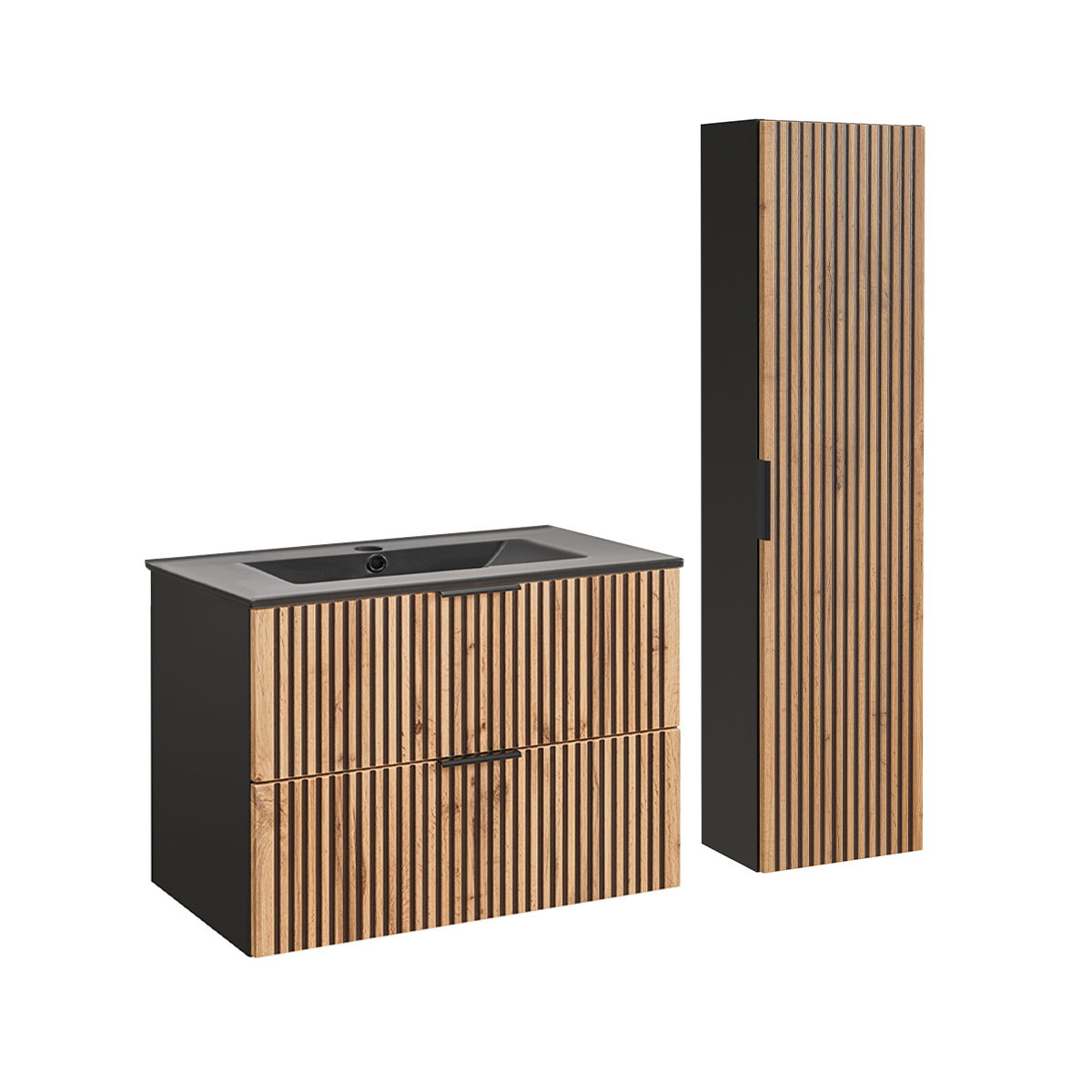 Ensemble meuble simple vasque encastrée 80cm et colonne Gaia Bois et Noir - Vasque Noir