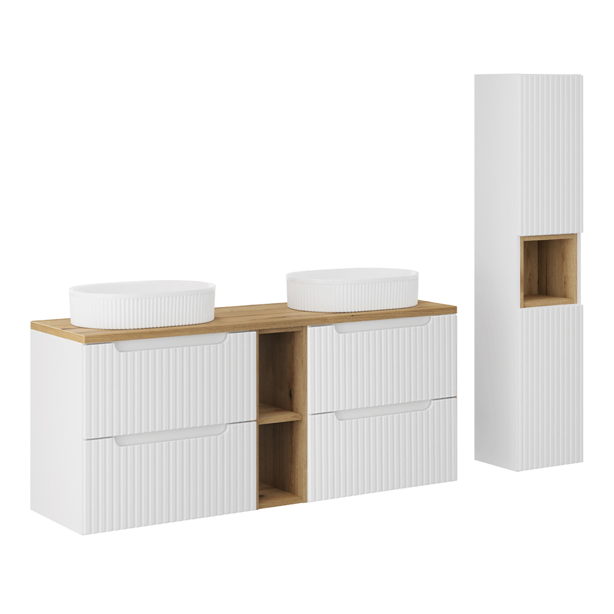 Ensemble meuble double vasque 140cm 4 tiroirs 2 niches et colonne Riva Blanc et Bois