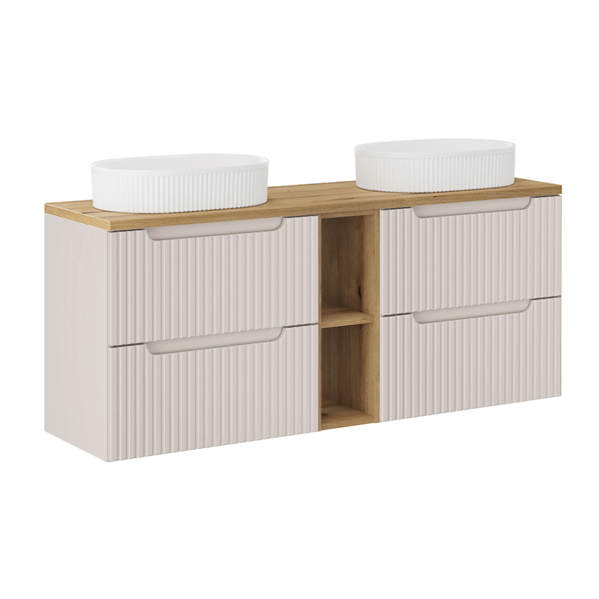 Meuble double vasque 140cm 4 tiroirs 2 niches Riva Cachemire et Bois