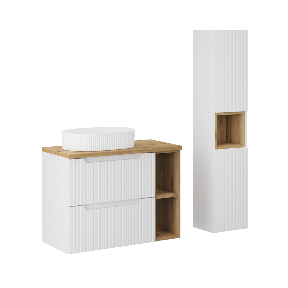 Ensemble meuble simple vasque 80cm 2 tiroirs 2 niches et colonne Riva Blanc et Bois