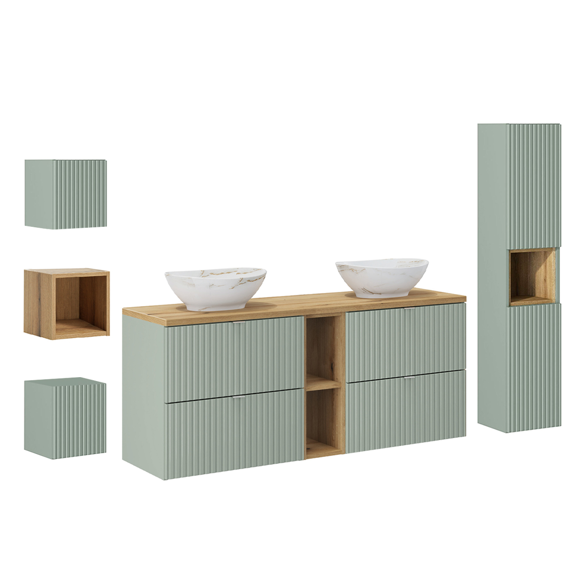 Ensemble meuble double vasque 140cm 4 tiroirs 2 niches colonne et 3 armoires murales Jade Vert et Bois