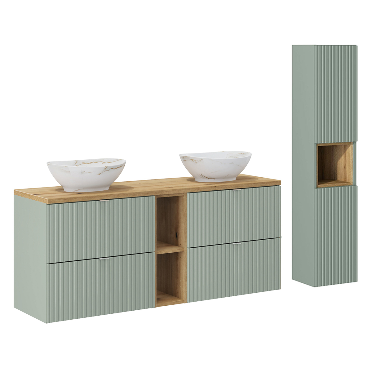 Ensemble meuble double vasque 140cm 4 tiroirs 2 niches et colonne Jade Vert et Bois