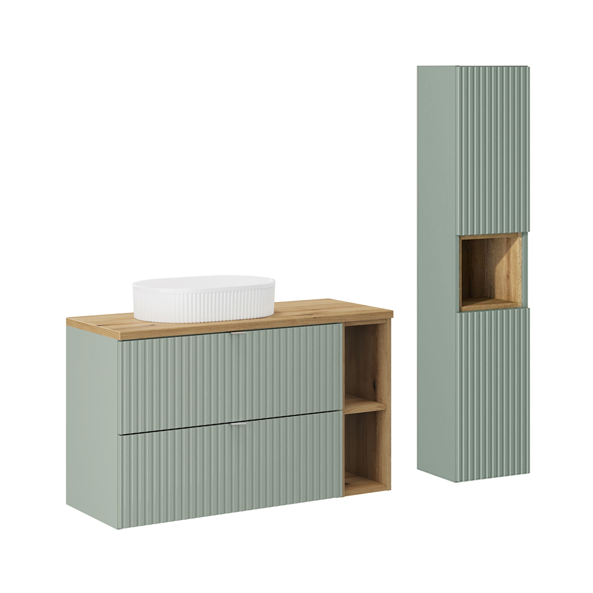Ensemble meuble simple vasque 100cm 2 tiroirs 2 niches et colonne Jade Vert et Bois