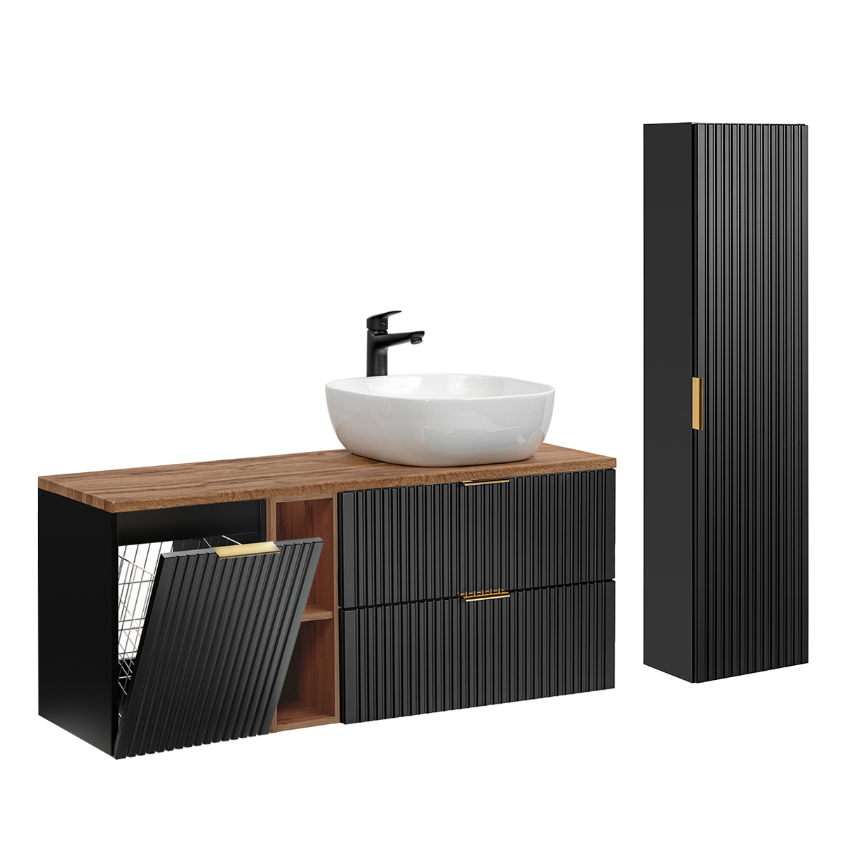 Ensemble meuble simple vasque 140cm 2 niches panier à linge et colonne Adriel Noir et Bois