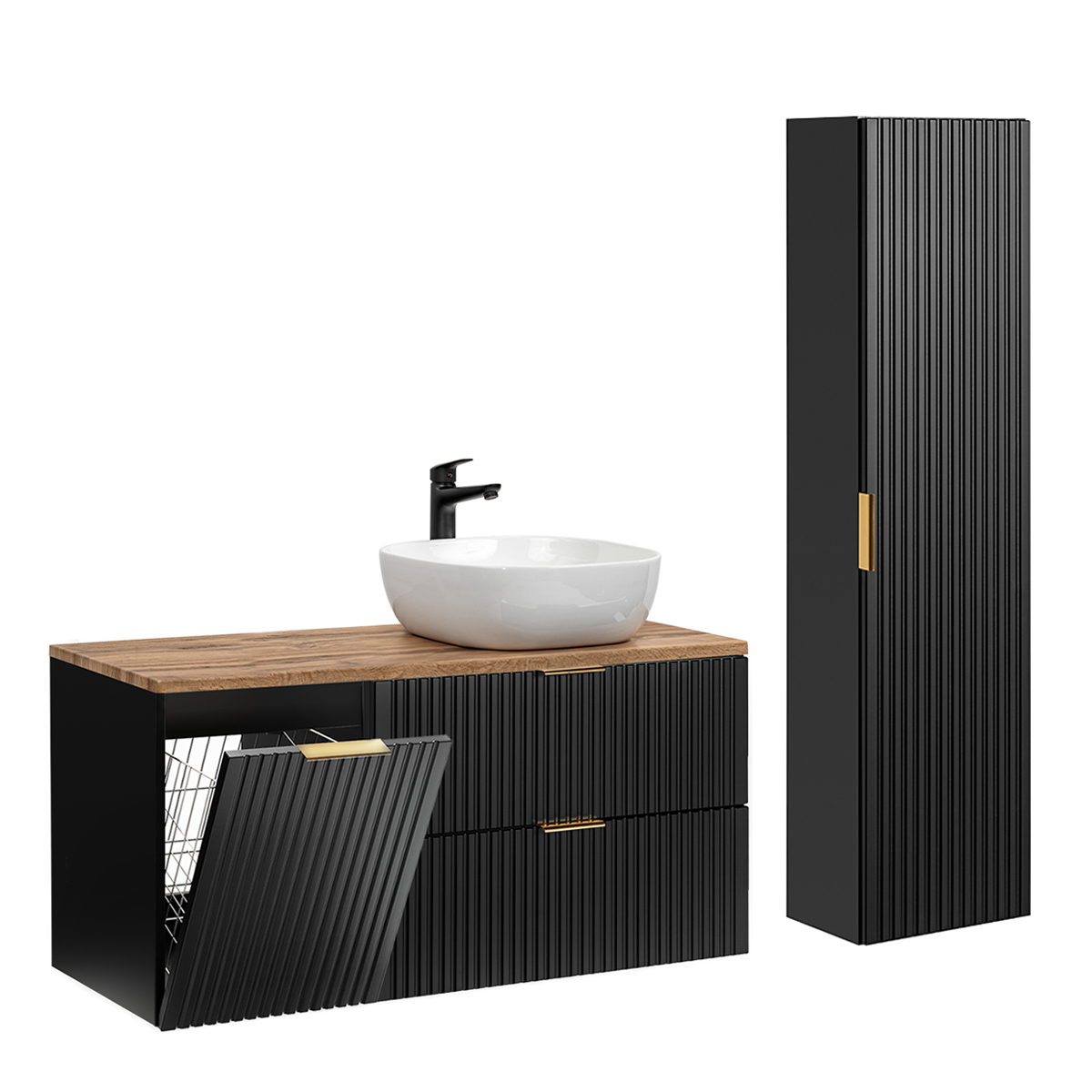 Ensemble meuble simple vasque 120cm panier à linge et colonne Adriel Noir et Bois