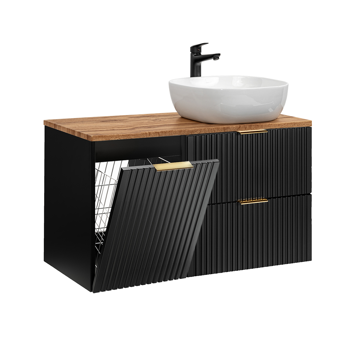 Meuble simple vasque 100cm panier à linge Adriel Noir et Bois