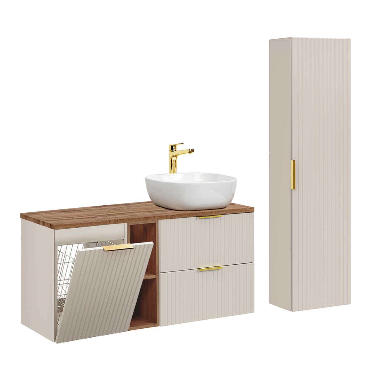 Ensemble meuble simple vasque 120cm 2 niches panier à linge et colonne Adriel Cachemire et Bois