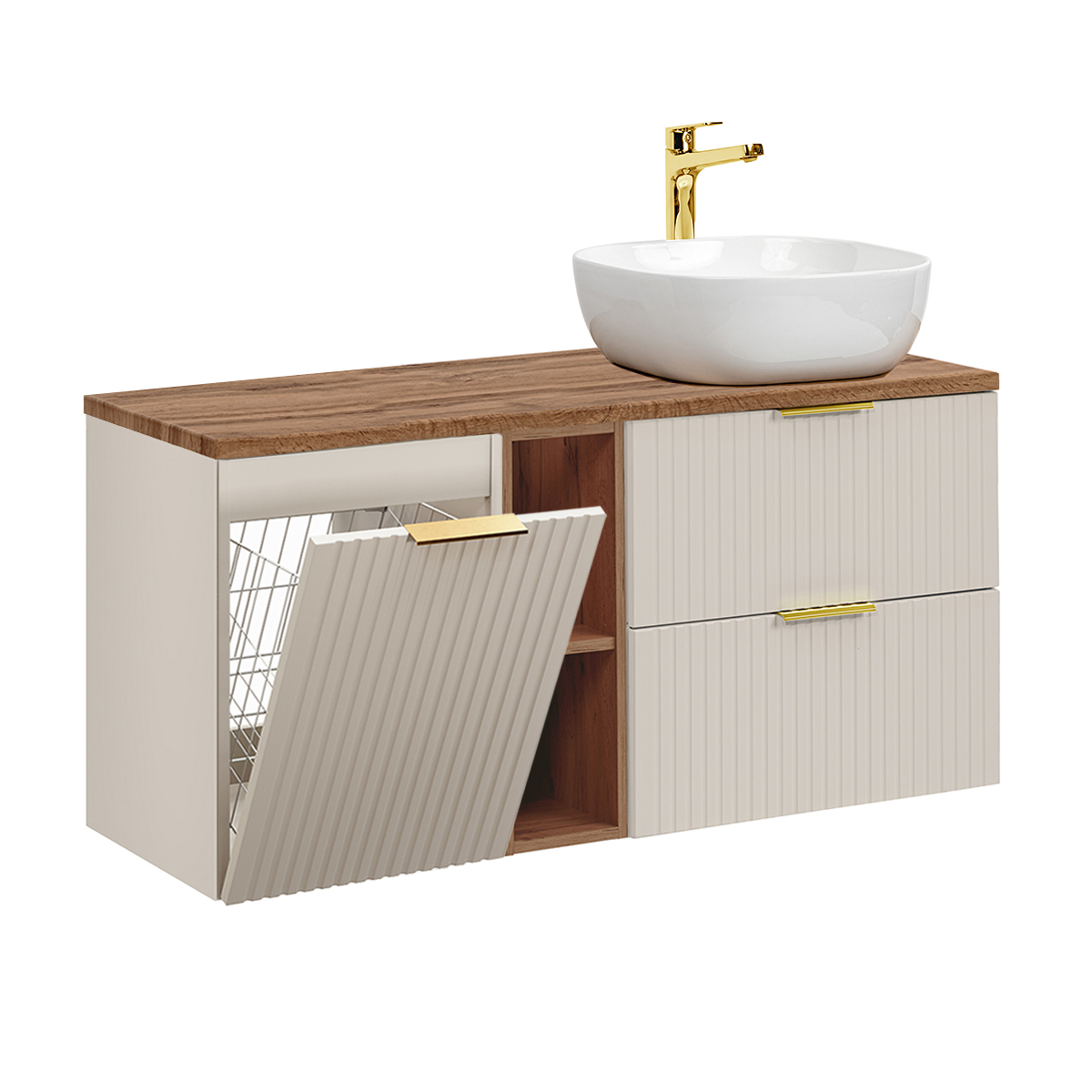 Meuble simple vasque 120cm 2 niches panier à linge Adriel Cachemire et Bois