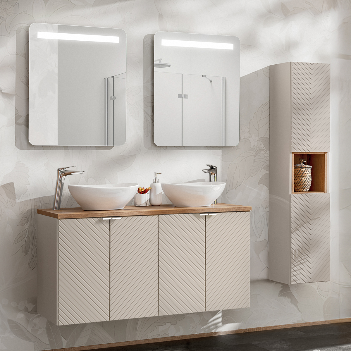 Ensemble meuble double vasque 120cm 4 portes et colonne Manoa Cachemire et Bois