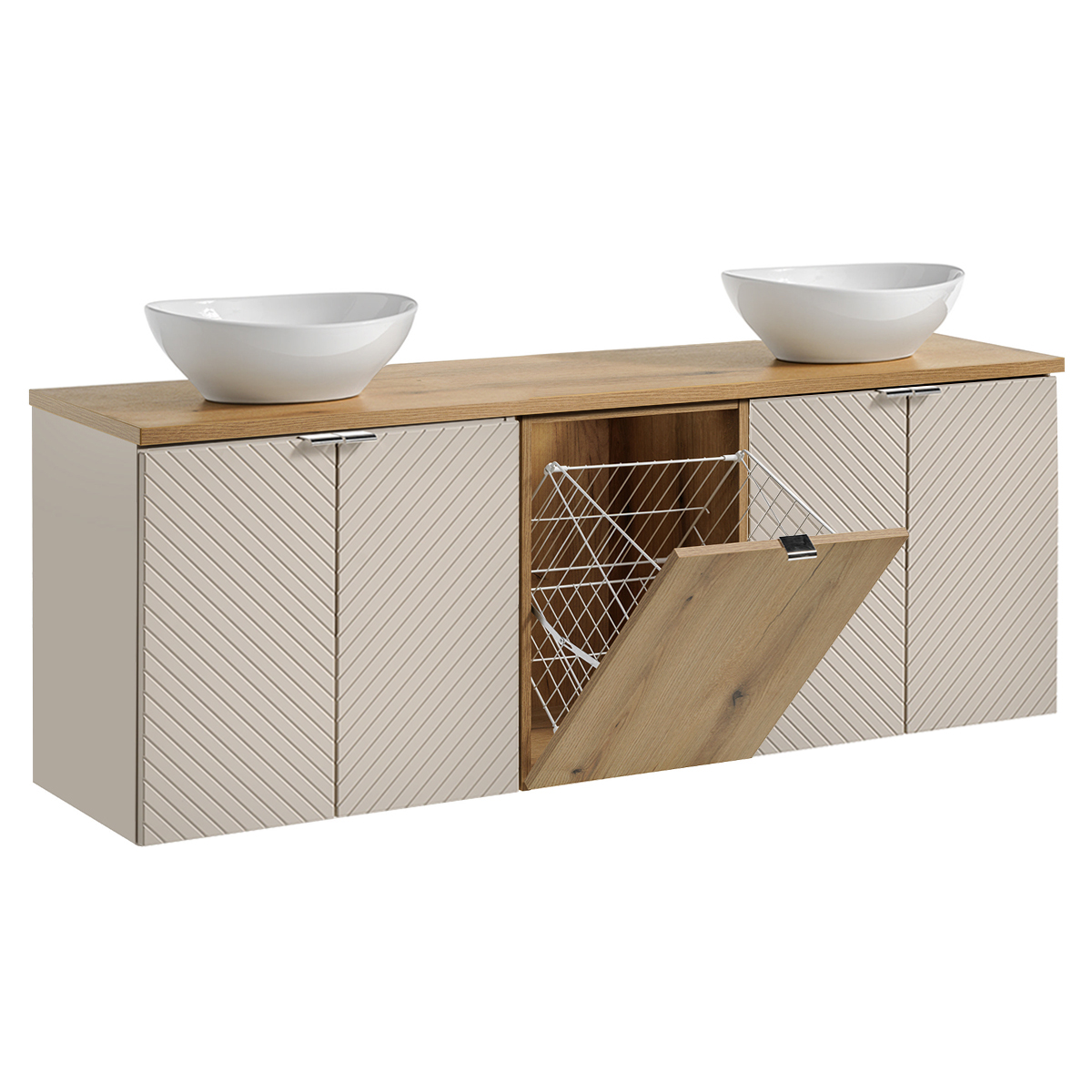 Meuble double vasque 160cm 4 portes panier à linge Manoa Cachemire et Bois