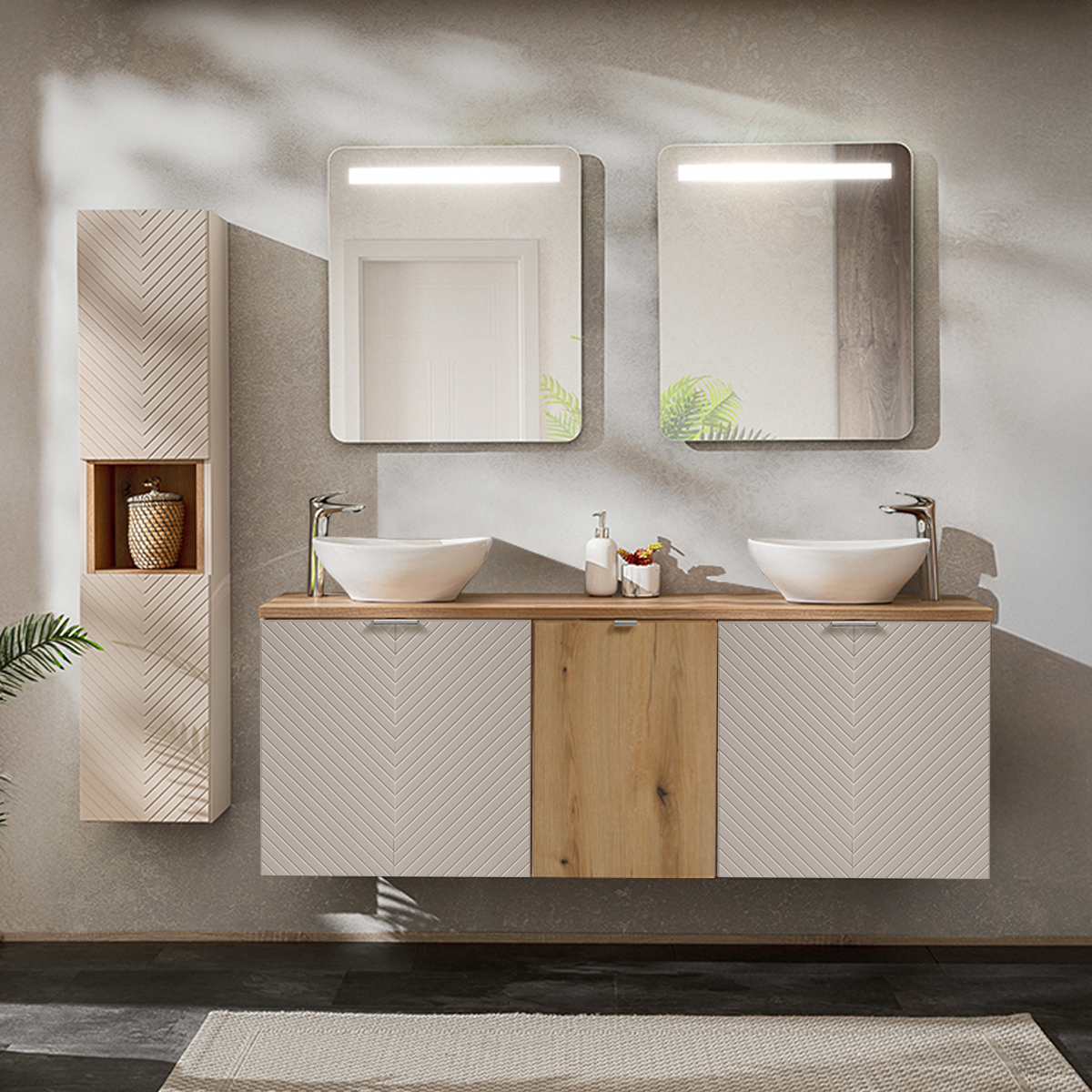 Ensemble meuble double vasque 160cm 4 portes panier à linge et colonne Manoa Cachemire et Bois