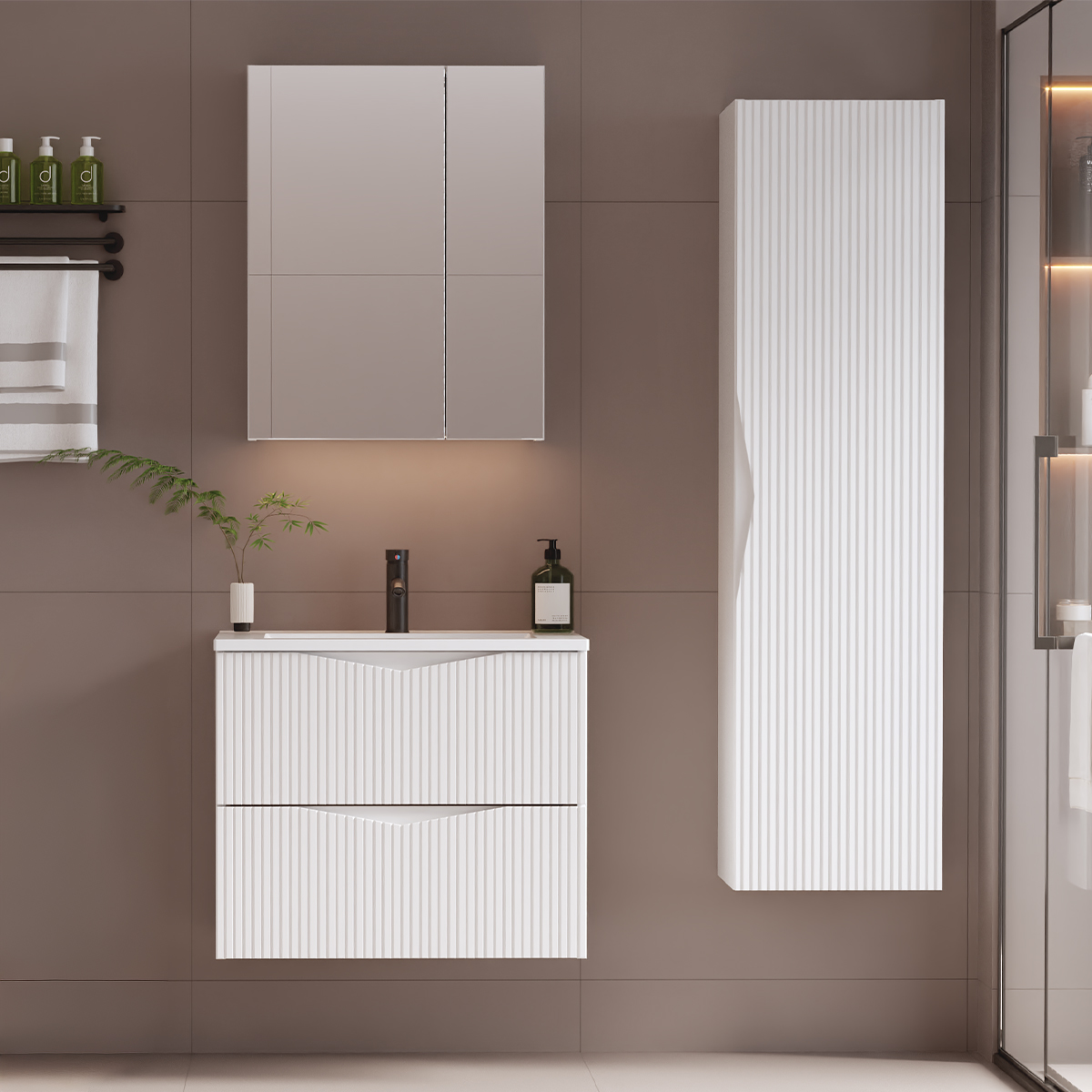 Ensemble meuble simple vasque encastrée 60cm et colonne Tao Blanc