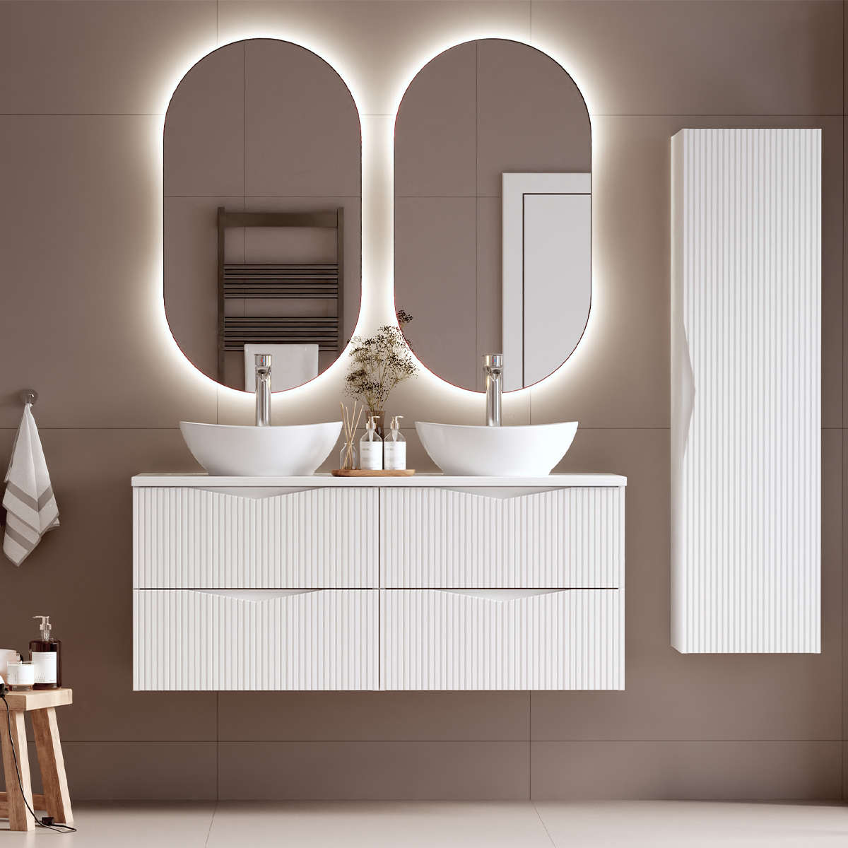 Ensemble meuble double vasque 120cm et colonne Tao Blanc
