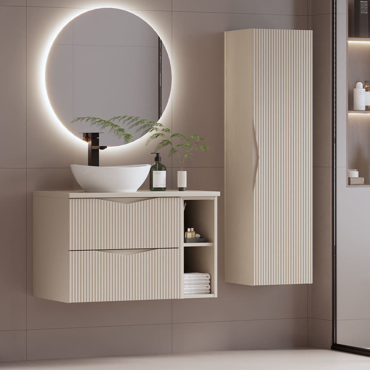 Ensemble meuble simple vasque 80cm 2 niches et colonne Tao Cachemire