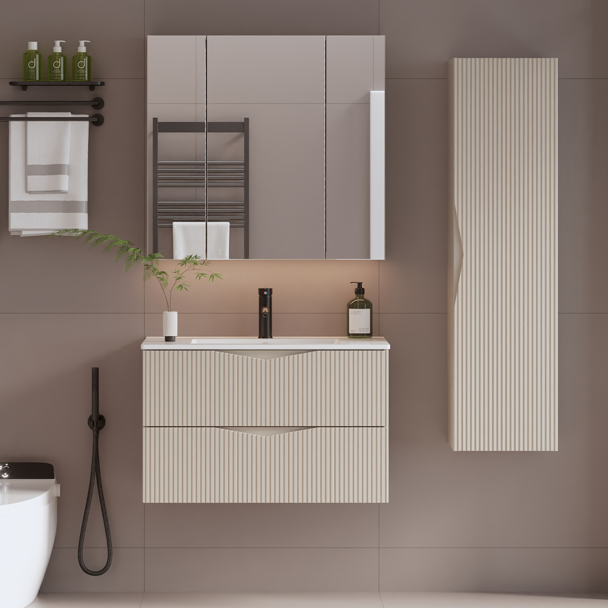 Ensemble meuble simple vasque encastrée 80cm et colonne Tao Cachemire