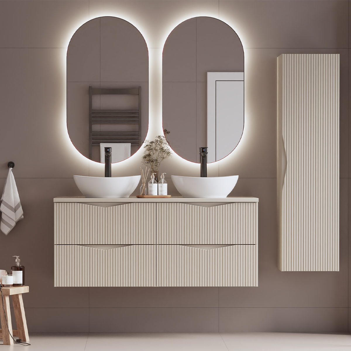 Ensemble meuble double vasque 120cm et colonne Tao Cachemire