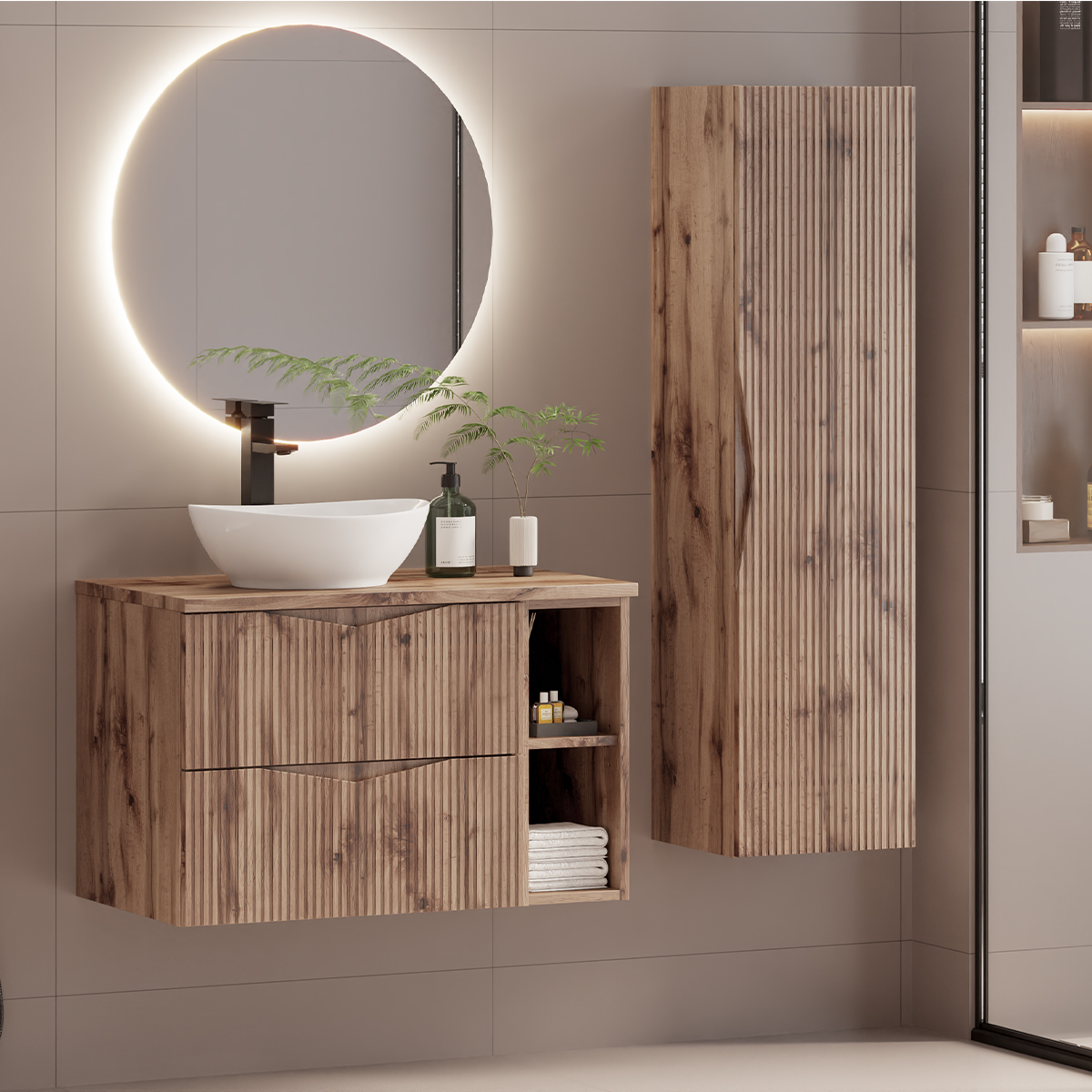 Ensemble meuble simple vasque 80cm 2 niches et colonne Tao Bois