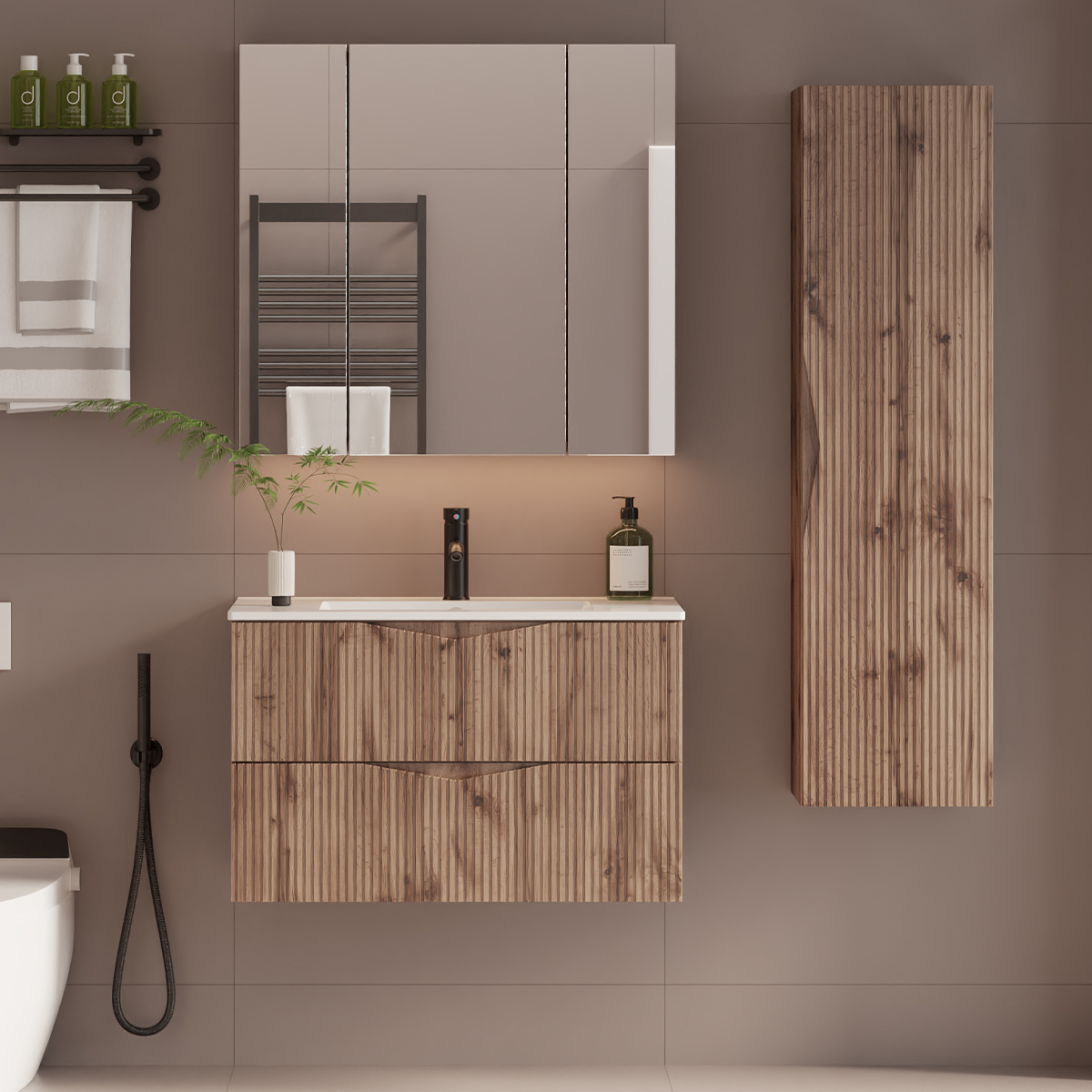 Ensemble meuble simple vasque encastrée 80cm et colonne Tao Bois