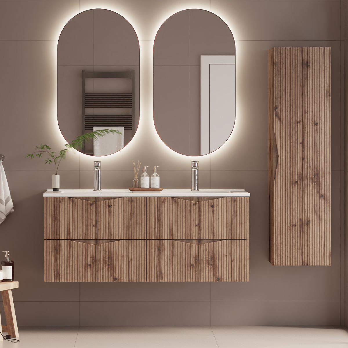 Ensemble meuble double vasque encastrée 120cm et colonne Tao Bois