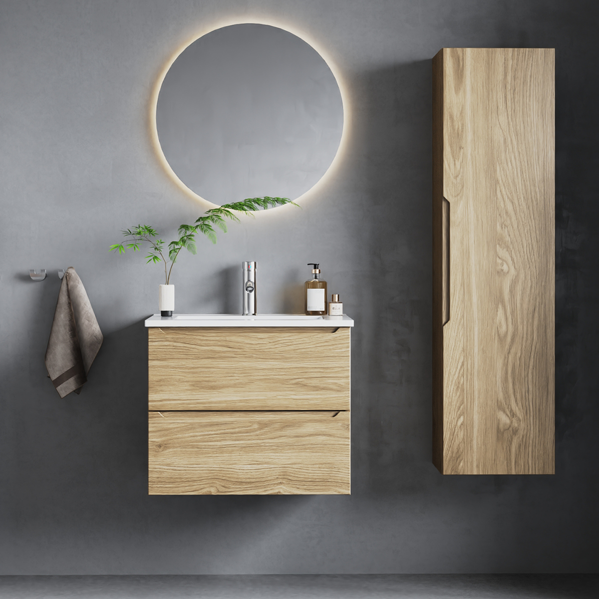 Ensemble meuble simple vasque encastrée 60cm et colonne Viggo Bois