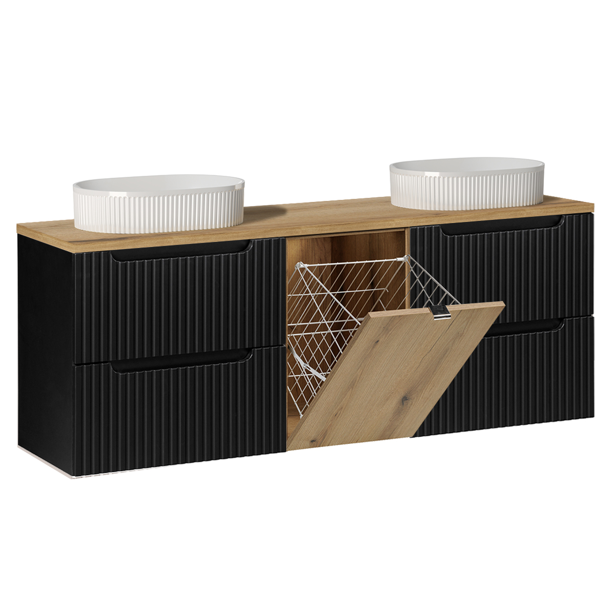 Meuble double vasque 160cm panier à linge Riva Noir et Bois