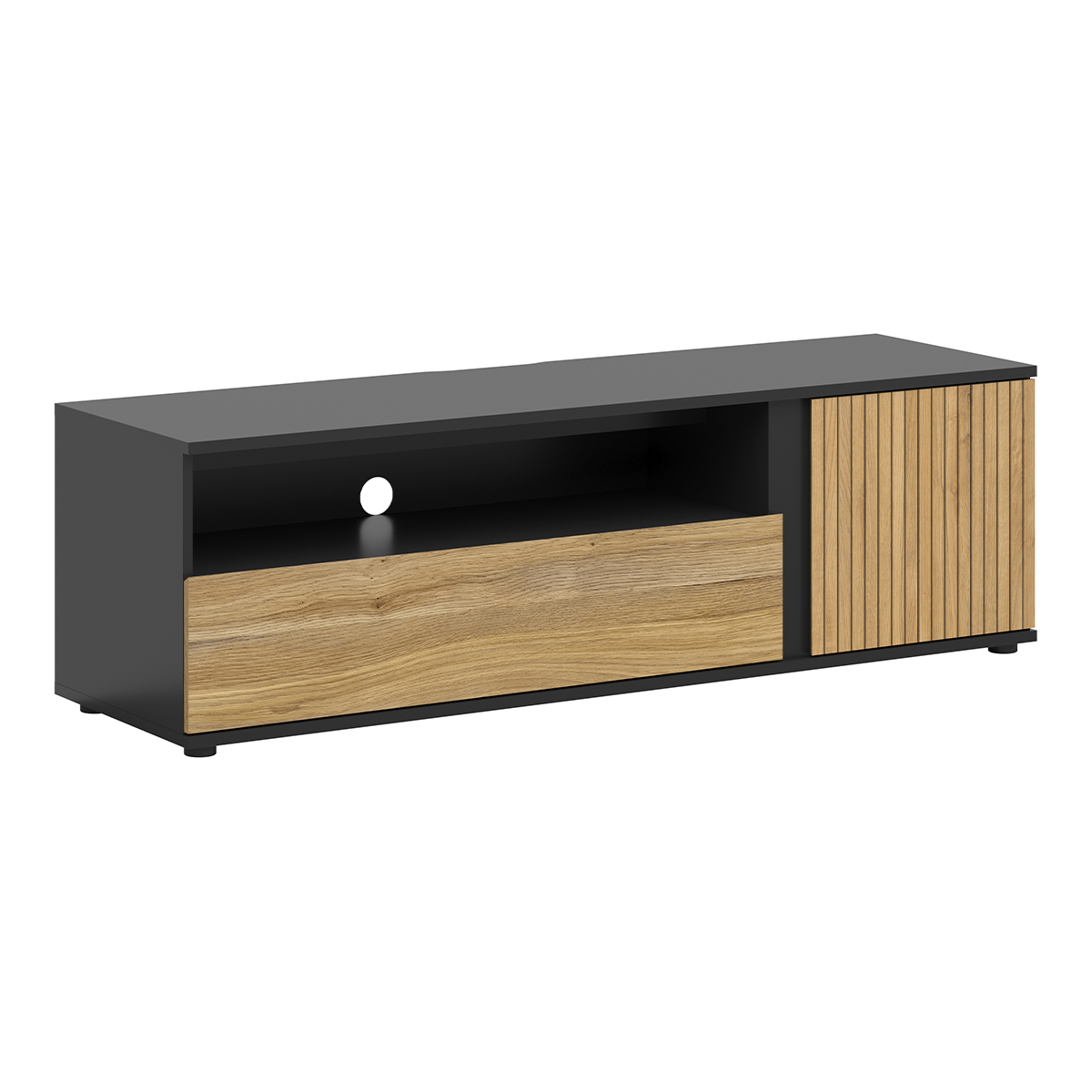 Meuble TV 1 porte 1 tiroir 155 cm Pia Noir et Bois