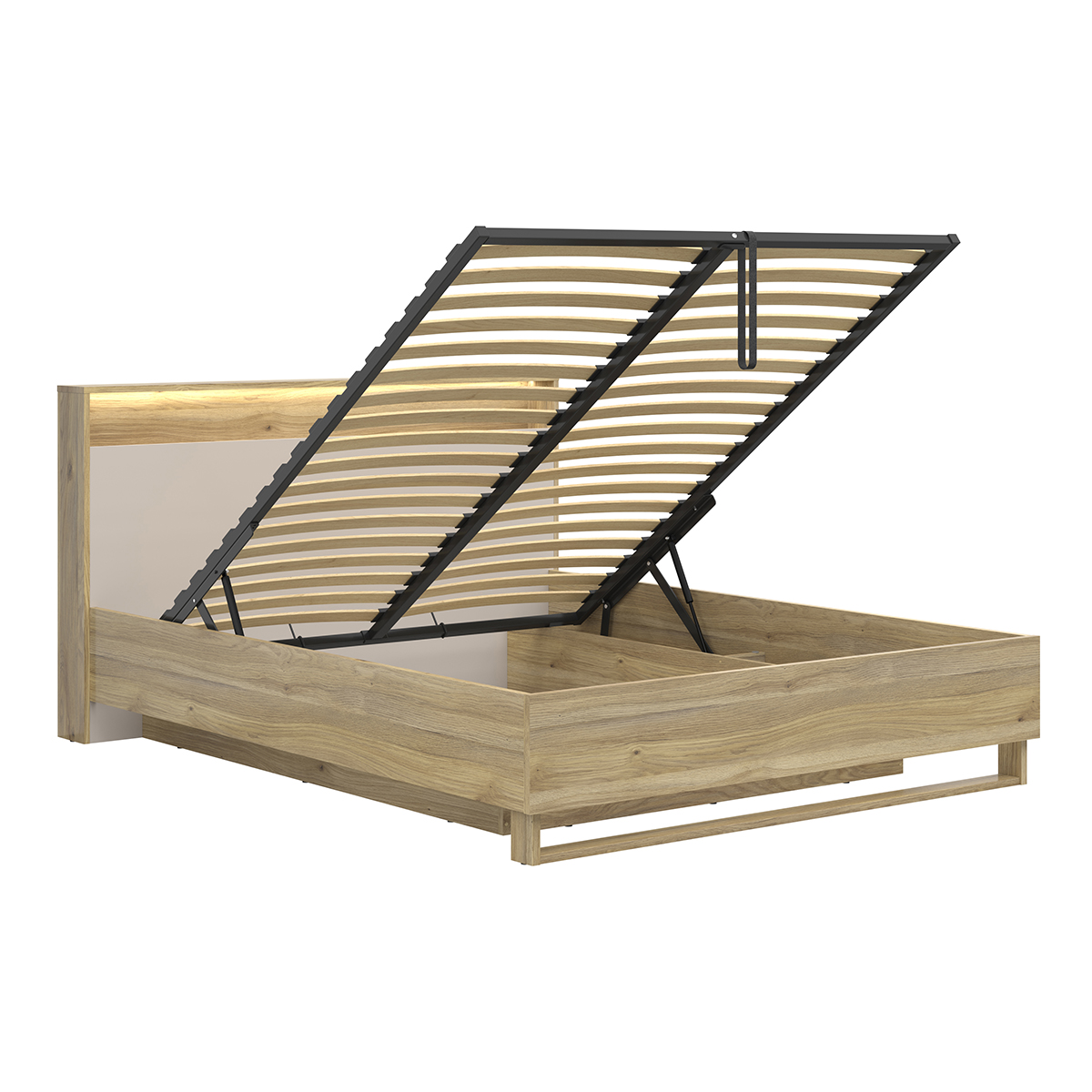 Lit coffre 160x200 sommier LED et prise USB inclus Donna Cachemire et Bois