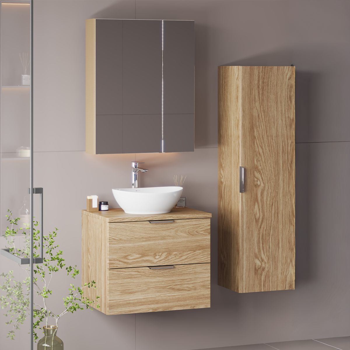 Ensemble meuble simple vasque 60cm et colonne Astrid Bois
