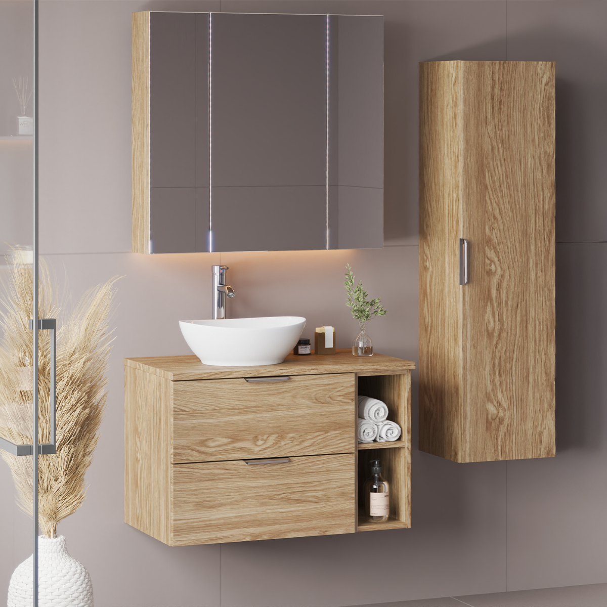 Ensemble meuble simple vasque 80cm 2 niches et colonne Astrid Bois