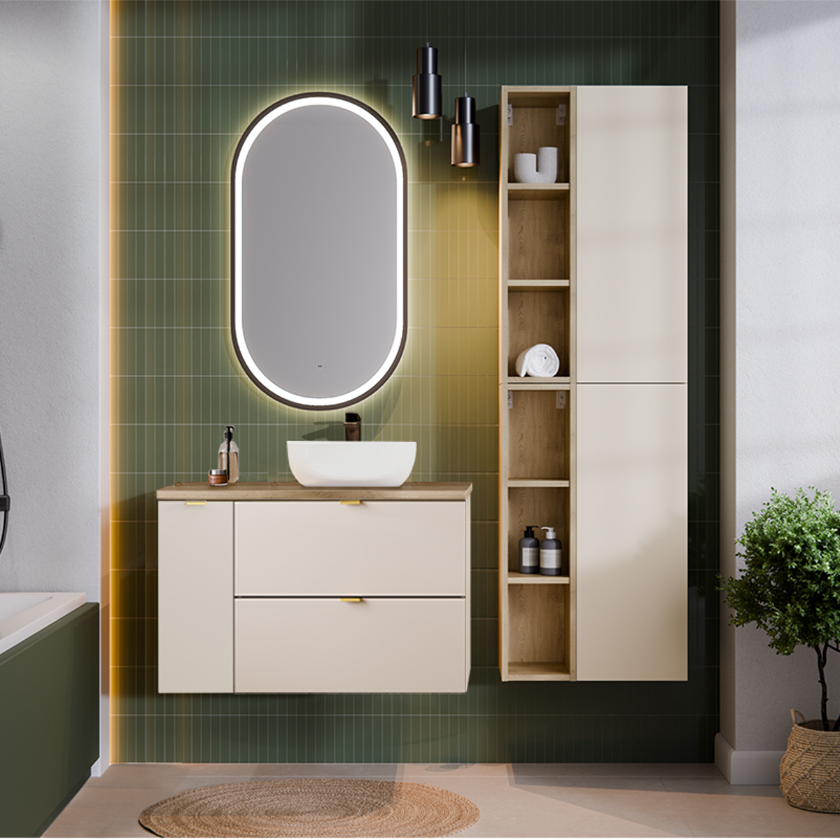 Ensemble meuble simple vasque 80cm 3 tiroirs et colonne Azel Cachemire et Bois