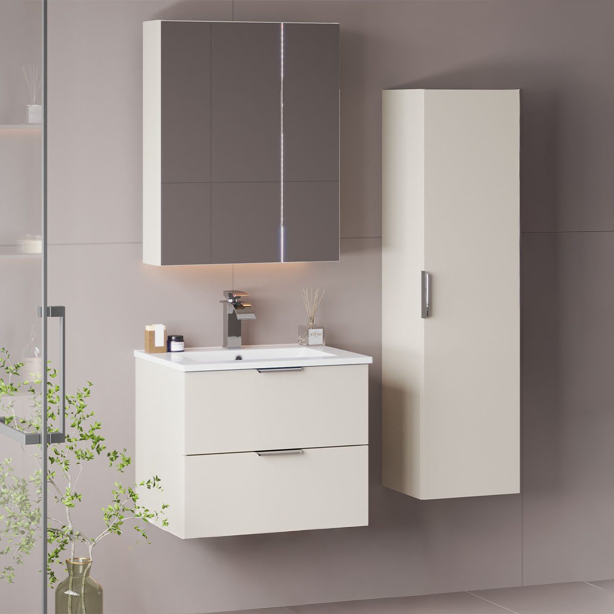 Ensemble meuble simple vasque encastrée 60cm et colonne Astrid Cachemire