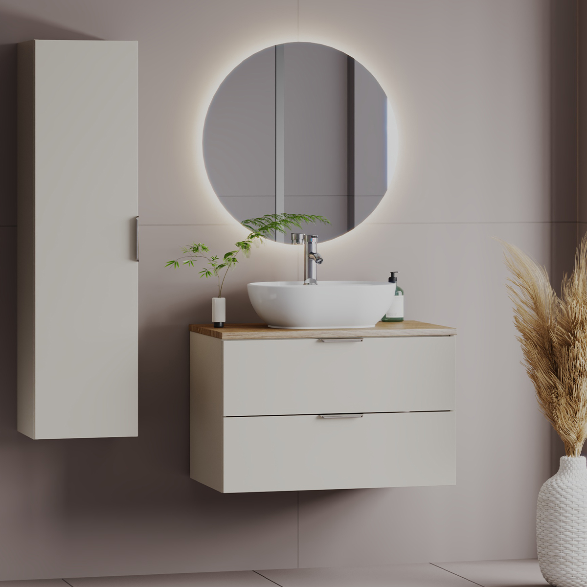 Ensemble meuble simple vasque 80cm et colonne Astrid Cachemire et bois