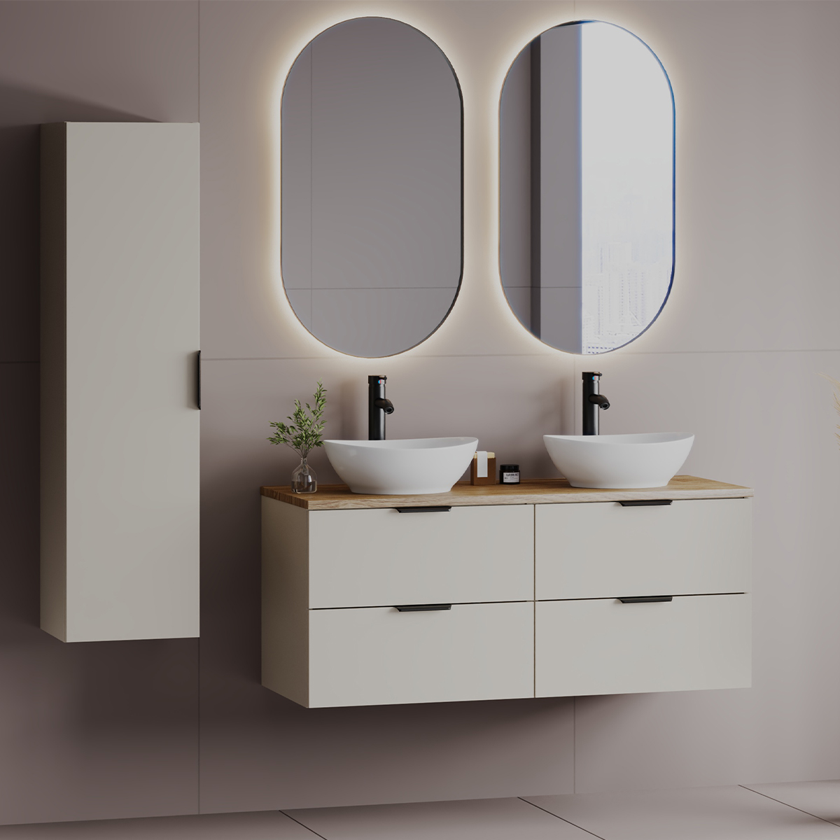 Ensemble meuble double vasque 120cm et colonne Astrid Cachemire et bois