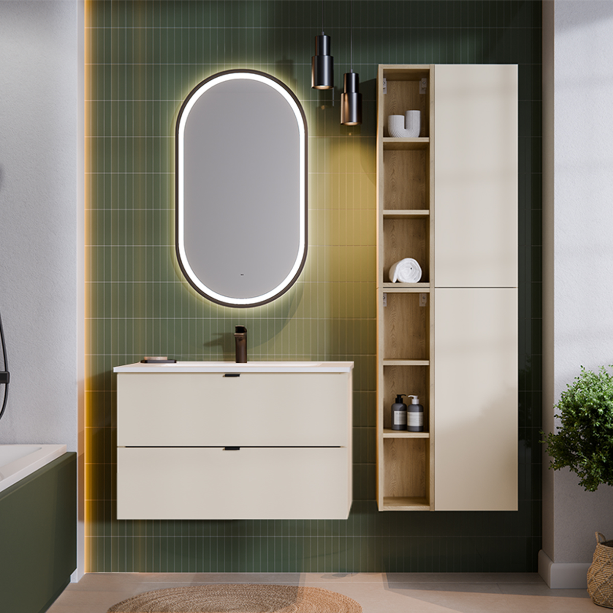Ensemble meuble simple vasque encastrée 80cm et colonne Azel Cachemire et Bois
